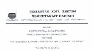 Cover Keputusan Wali Kota Bandung Nomor 800/Kep.239-Diskominfo/2023 tentang Tim Pengelola Layanan Aspirasi dan Pengaduan ONLINE Rakyat