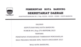 Cover Keputusan Wali Kota Bandung Nomor 841/Kep.270-BKPSDM / 2023 tentang Penetapan Standarisasi Tambahan Penghasilan Bagi  Pegawai Negeri Sipil Tahun Anggaran 2023