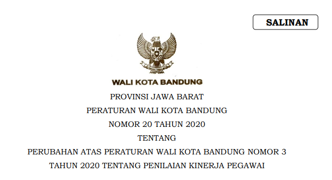 Cover Peraturan Wali Kota Bandung Nomor 20 Tahun 2020 tentang Perubahan Atas Peraturan Wali Kota Bandung Nomor 3 Tahun 2020 Tentang Penilaian Kinerja Pegawai