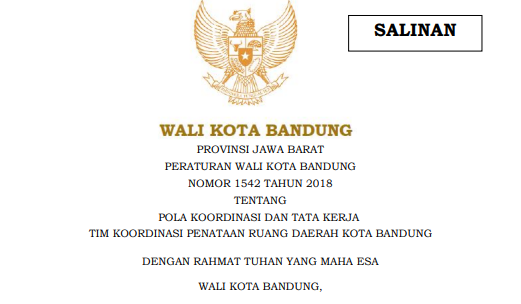 Cover Peraturan Wali Kota Bandung Nomor 1542 Tahun 2018 tentang Pola Koordinasi dan Tata Kerja Tim Koordinasi Penataan Ruang Daerah Kota Bandung