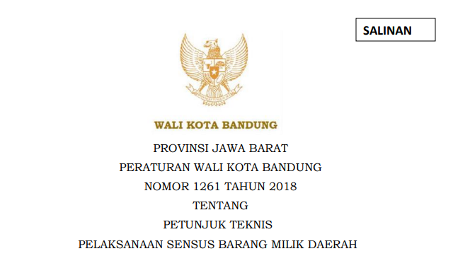 Cover Peraturan Wali Kota Bandung  Nomor 1261 Tahun 2018 tentang Petunjuk Teknis Pelaksanaan Sensus Barang Milik Daerah