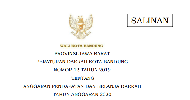 Cover Peraturan Daerah Kota Bandung Nomor 12 Tahun 2019 tentang Anggaran Pendapatan Dan Belanja Daerah Tahun Anggaran 2020