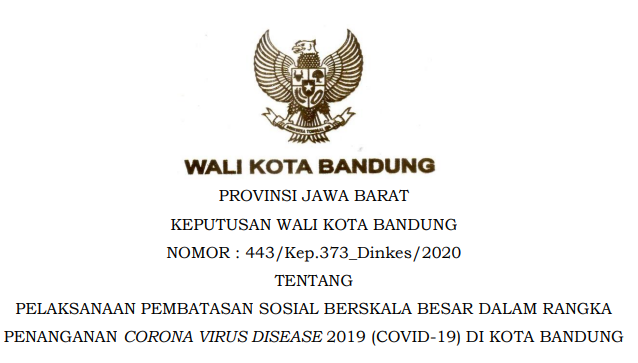 Cover Keputusan Wali Kota Bandung Nomor 443/Kep.373-Dinkes/2020 tentang Pelaksanaan Pembatasan Social Berkala Besar Dalam Rangka Penanganan Corona Virus Disease 2019 (covid-19) Di Kota Bandung