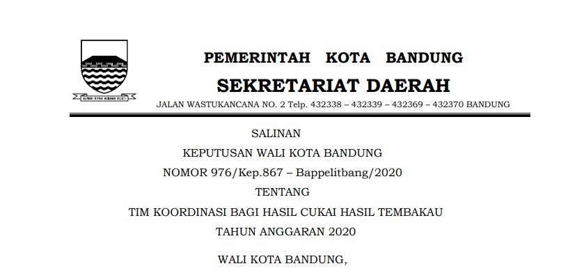 Cover Keputusan Wali Kota Bandung Nomor 976/Kep.867 – Bappelitbang/2020 tentang Tim Koordinasi Bagi Hasil Cukai Hasil Tembakau Tahun Anggaran 2020