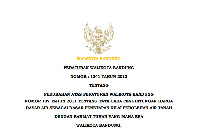 Cover Peraturan Wali Kota Bandung Nomor 1241 Tahun 2013 tentang Tata Cara Penghitungan Harga Dasar Air Sebagai Dasar Penetapan Nilai Perolehan Air Tanah