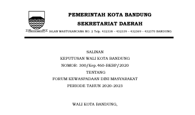 Cover Keputusan Wali Kota Bandung Nomor 300/Kep.460-BKBP/2020 tentang Forum Kewaspadaan Dini Masyarakat Periode Tahun 2020-2023