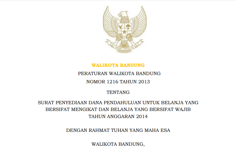 Cover Peraturan Wali Kota Bandung Nomor 1216 Tahun 2013 tentang Surat Penyediaan Dana Pendahuluan untuk Belanja yang Bersifat Mengikat dan Belanja yang Bersifat Wajib TA 2014