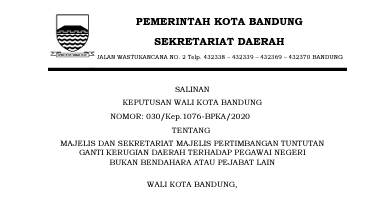 Cover Keputusan Wali Kota Bandung Nomor 030/Kep.1076-BPKA/2020 tentang Majelis Dan Sekretariat Majelis Pertimbangan Tuntutan Ganti Kerugian Daerah Terhadap Pegawai Negeri Bukan Bendahara Atau Pejabat Lain