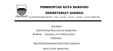 Cover Keputusan Wali Kota Bandung Nomor 030/Kep.1075-BPKA/2020 tentang Tim Penyelesaian Kerugian Daerah