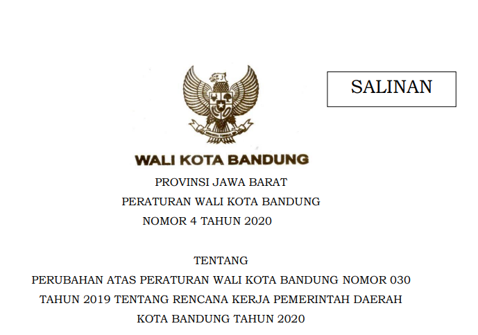 Cover Peraturan Wali Kota Bandung Nomor 4 Tahun 2020 tentang Perubahan Atas Peraturan Wali Kota Bandung Nomor 030 Tahun 2019 Tentang Rencana Kerja Pemerintah Daerah Kota Bandung Tahun 2020