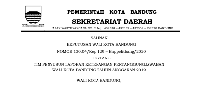 Cover Keputusan Wali Kota Bandung Nomor 130.04/Kep.129 – Bappelitbang/2020 tentang Tim Penyusun Laporan Keterangan Pertanggungjawaban Wali Kota Bandung Tahun Anggaran 2019