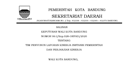 Cover Keputusan Wali Kota Bandung Nomor 061/Kep.028-ORPAD/2020 tentang Tim Penyusun   Laporan Kinerja Instansi Pemerintah Dan Perjanjian Kinerja