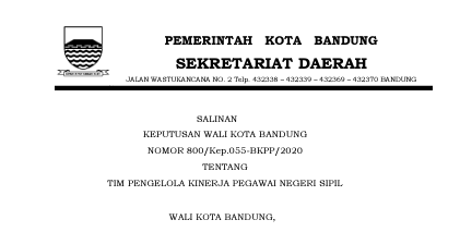 Cover Keputusan Wali Kota Bandung Nomor 800/Kep.055-BKPP/2020 tentang Tim Pengelola Kinerja Pegawai Negeri Sipil