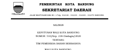 Cover Keputusan Wali Kota Bandung Nomor 510/Kep. 218-Disdagin/2020 tentang Tim Pemeriksa Bahan Berbahaya