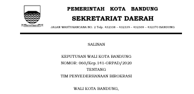 Cover Keputusan Wali Kota Bandung Nomor 060/Kep.141-ORPAD/2020 tentang Tim Penyederhanaan Birokrasi