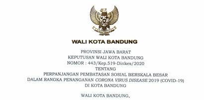 Cover Keputusan Wali Kota Bandung Nomor 443/Kep.519-Dinkes/2020 tentang Perpanjangan Pembatasan Sosial Berskala Besar Dalam Rangka Penanganan Corona Virus Disease 2019 (Covid-19) Di Kota Bandung