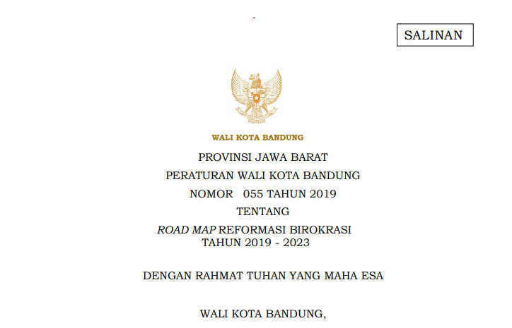 Cover Perarturan Wali Kota Bandung Nomor 55 Tahun 2019 tentang Road Map Reformasi Birokrasi Tahun 2019 - 2023