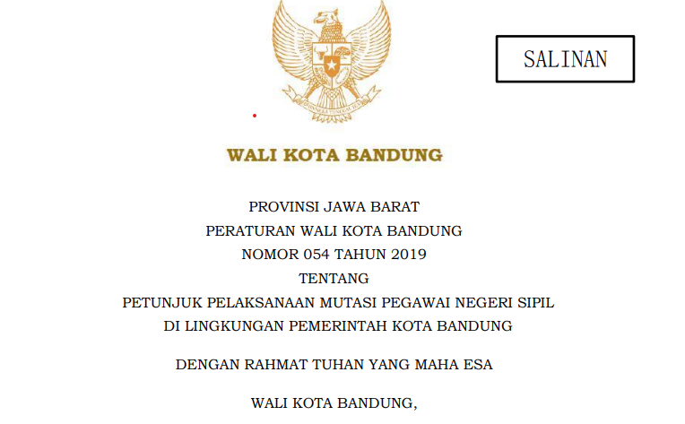 Cover Peraturan Wali Kota Bandung Nomor 54 Tahun 2019 tentang  Petunjuk Pelaksanaan Mutasi Pegawai  Negeri Sipil di Lingkungan Pemerintah Kota Bandung