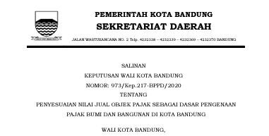 Cover Keputusan Wali Kota Bandung Nomor 973/Kep.217-BPPD/2020 tentang Penyesuaian Nilai Jual Objek Pajak Sebagai Dasar Pengenaan  Pajak Bumi Dan Bangunan Di Kota Bandung