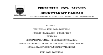 Cover Keputusan Wali Kota Bandung Nomor 420/Kep.338 – DISDIK/2020 tentang Besaran Dan Jumlah Penerima Honorarium  Peningkatan Mutu Pendidik Dan Tenaga Kependidikan Bukan Aparatur Sipil Negara Tahun 2020