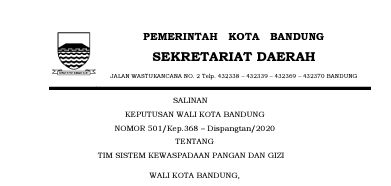 Cover Keputusan Wali Kota Bandung Nomor 501/Kep.368 – Dispangtan/2020 tentang Tim Sistem Kewaspadaan Pangan Dan Gizi