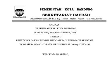 Cover Keputusan Wali Kota Bandung Nomor 443/Kep.464 – DINKES/2020 Penetapan Lokasi Rumah Singgah Bagi Tenaga Kesehatan Yang Menangani Corona Virus Disease 2019 (Covid-19)