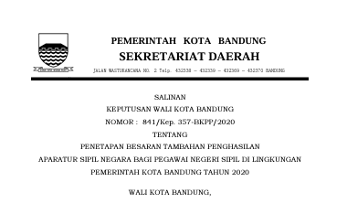 Cover Keputusan Wali Kota Bandung Nomor 841/Kep. 357-BKPP/2020 tentang Penetapan Besaran Tambahan Penghasilan Aparatur Sipil Negara Bagi Pegawai Negeri Sipil Di Lingkungan Pemerintah Kota Bandung Tahun 2020