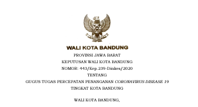 Cover Keputusan Wali Kota Bandung Nomor 443/Kep.239-Dinkes/2020 tentang Gugus Tugas Percepatan Penanganan Coronavirus Disease 19 Tingkat Kota Bandung