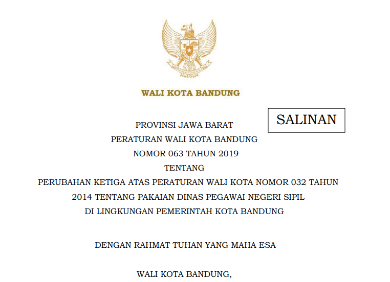 Cover Peraturan Wali Kota Bandung 63 Tahun 2019 tentang Perubahan Ketiga Atas Perarturan Wali Kota Nomor 032 Tahun 2014 tentang Pakaian Dinas Pegawai Negeri Sipil di Lingkungan Pemerintah Kota Bandung