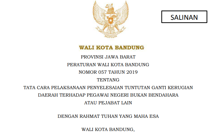 Cover Peraturan Wali Kota Bandung Nomor 57 Tahun 2019 tentang Tata Cara Pelaksanaan Penyelesaian Tuntutan Ganti Kerugian Daerah Terhadap Pegawai Negeri Bukan Bendahara atau Pejabat Lain