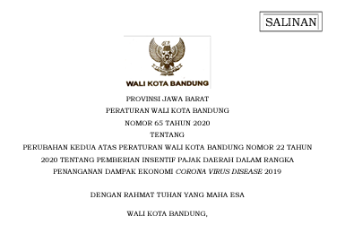 Cover Peraturan Wali Kota Bandung Nomor 65 Tahun 2020 tentang Perubahan Kedua Atas Peraturan Wali Kota Bandung Nomor 22 Tahun 2020 Tentang Pemberian Insentif Pajak Daerah Dalam Rangka Penanganan Dampak Ekonomi Corona Virus Disease 2019