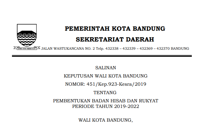 Cover Keputusan Wali Kota Bandung Nomor 451/Kep.923-Kesra/2019 Tahun 2019 tentang Pembentukan Badan Hisab dan Rukyat 
Periode Tahun 2019-2022