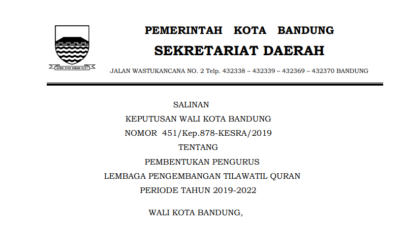 Cover Keputusan Wali Kota Bandung Nomor 451/Kep.878-KESRA/2019  Tahun 2019 tentang Pembentukan Pengurus Lembaga Pengembangan Tilawatil Quran Periode Tahun 2019-2022.