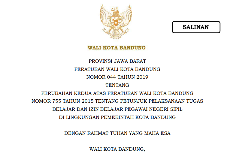 Cover Peraturan Wali Kota Bandung Nomor 44 tahun 2019 tentang Perubahan Kedua Atas Peraturan Wali Kota Bandung Nomor 755 Tahun 2015 tentang Petunjuk Pelaksanaan Tugas Belajar dan Izin Belajar Pegawai Negeri Sipil di Lingkungan Pemerintah Kota Bandung