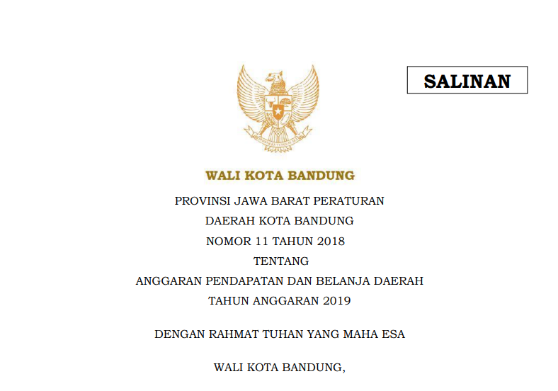 Cover Peraturan Daerah Kota Nomor 11 Bandung Tahun 2019 tentang Anggaran Pendapatan dan Belanja Daerah Tahun Anggaran 2019