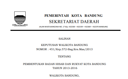 Cover Keputusan Wali Kota Bandung Nomor 451/Kep.572-Bag.Kes.Mas/2013 tentang Pembentukan Badan Hisab dan Rukyat Kota Bandung Tahun 2013-2016