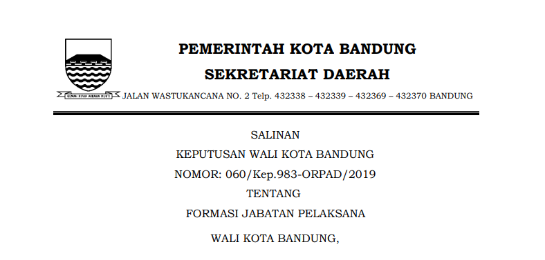 Cover Keputusan Wali Kota Bandung Nomor 060/Kep.983-ORPAD/2019 tentang Formasi Jabatan Pelaksana