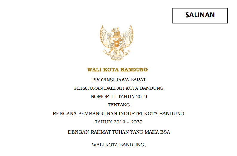 Cover Peraturan Daerah Kota Bandung Nomor 11 Tahun 2019 tentang Rencana Pembangunan Industri Kota Bandung Tahun 2019 – 2039