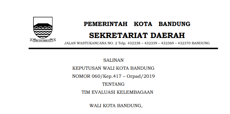 Cover Keputusan Wali Kota Bandung Nomor 060/Kep.417 – Orpad/2019 tahun 2019 tentang  Tim Evaluasi Kelembagaan