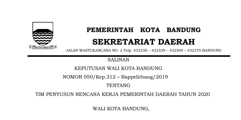 Cover Keputusan Wali Kota Bandung Nomor 050/Kep.312 – Bappelitbang/2019 tahun 2019 tentang Tim Penyusun Rencana  Kerja  Pemerintah Daerah Tahun 2020