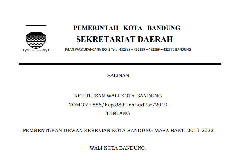 Cover Keputusan Wali Kota Bandung Nomor 556/Kep.389-DisBudPar/2019 Tahun 2019 tentang Pembentukan Dewan Kesenian Kota Bandung Masa Bakti 2019 - 2022