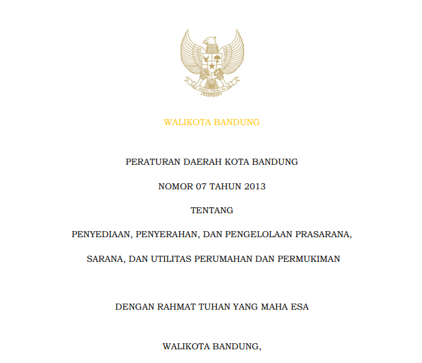 Cover Peraturan Daerah Nomor 7 Tahun 2013 tentang Penyediaan, Penyerahan, Pengelolaan Prasarana, Sarana dan Utilitas Perumahan di Kota Bandung