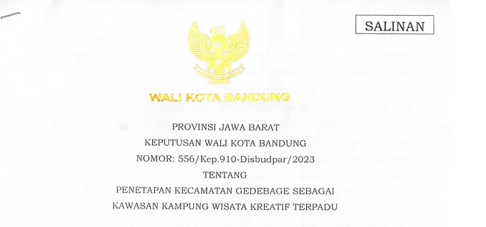 Cover Keputusan Wali Kota Bandung Nomor 556/Kep.910-Disbudpar/2023 tentang Penetapan Kecamatan Gedebage Sebagai Kawasan Kampung Wisata  Kreatif Terpadu