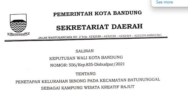 Cover Keputusan Wali Kota Bandung  Nomor 556/Kep.835-Disbudpar/2021 tentang Penetapan Kelurahan Binong Kecamatan Batununggal Sebagai Kampung Wisata Kreatif Rajut