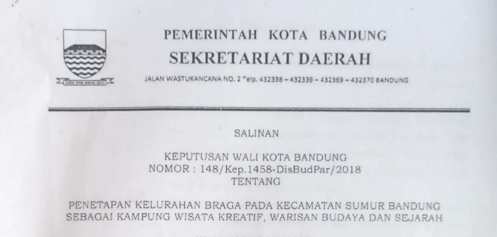 Cover Keputusan Wali Kota Bandung Nomor 148/Kep.1458-Disbudpar/2018 Tentang Penetapan Kelurahan Braga Pada Kecamatan Sumur Bandung Sebagai Kampung Wisata Kreatif, Warisan Budaya Dan Sejarah