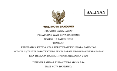 Cover Peraturan Wali Kota Bandung Nomor 17 Tahun 2020 tentang Perubahan Ketiga Atas Peraturan Wali Kota Bandung Nomor 62 Tahun 2019 Tentang Penjabaran Anggaran Pendapatan Dan Belanja Daerah Tahun Anggaran 2020