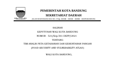 Cover Keputusan Wali Kota Bandung Nomor 521/Kep.561-DKPP/2021 tentang Tim Analis Peta Ketahanan Dan Kerentanan Pangan (food Security And Vulnerability Atlas)