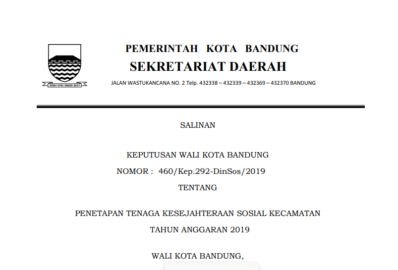 Cover Keputusan Wali Kota Bandung Nomor 460/Kep.292-DinSos/2019 Tahun 2019 tentang Penetapan Tenaga Kesejahteraan Sosial Kecamatan Tahun Anggaran 2019