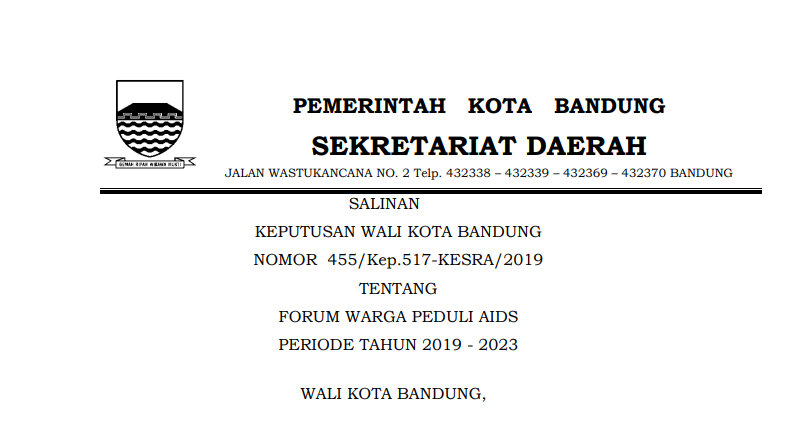 Cover Keputusan Wali Kota Bandung Nomor 455/Kep.517-KESRA/2019 Tahun 2019 tentang Forum Warga Peduli AIDS Periode Tahu 2019 - 2023