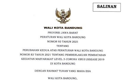 Cover Peraturan Wali Kota Bandung Nomor 93 Tahun 2021 tentang Perubahan Kedua Atas Peraturan Wali Kota Bandung Nomor 83 Tahun 2021 Tentang Pemberlakuan Pembatasan Kegiatan Masyarakat Level 3 Corona Virus Disease 2019 Di Kota Bandung